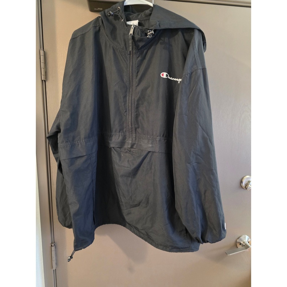 Champion Mens Packable Anorak Windbreaker Black Quarter Zip Hoodie Jacket 2XL